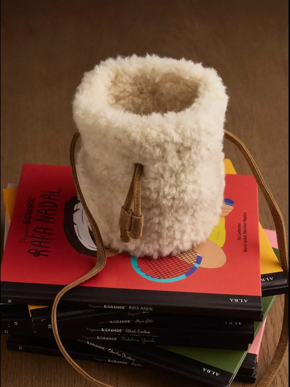 Zara Cream Shearling Drawstring Crossbody Bag with Tan Strap